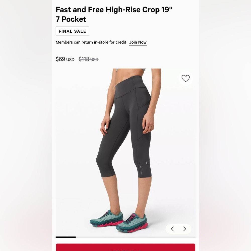 Lululemon Fast and Free Gray High-Rise Crop 19" 7 pocket Leggings Size 6